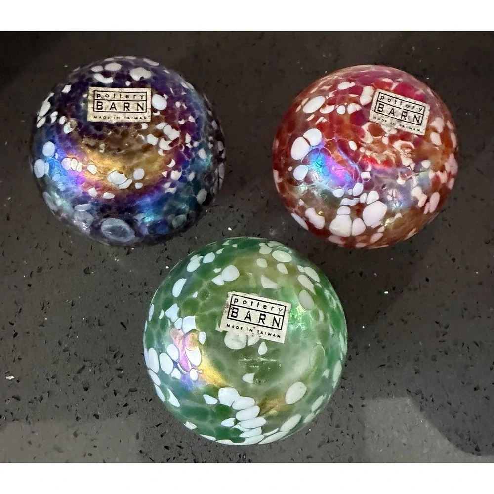 Pottery Barn Hand Blown Art Glass Oil Candle Lamp Round Orange Purple Green 3pc‎